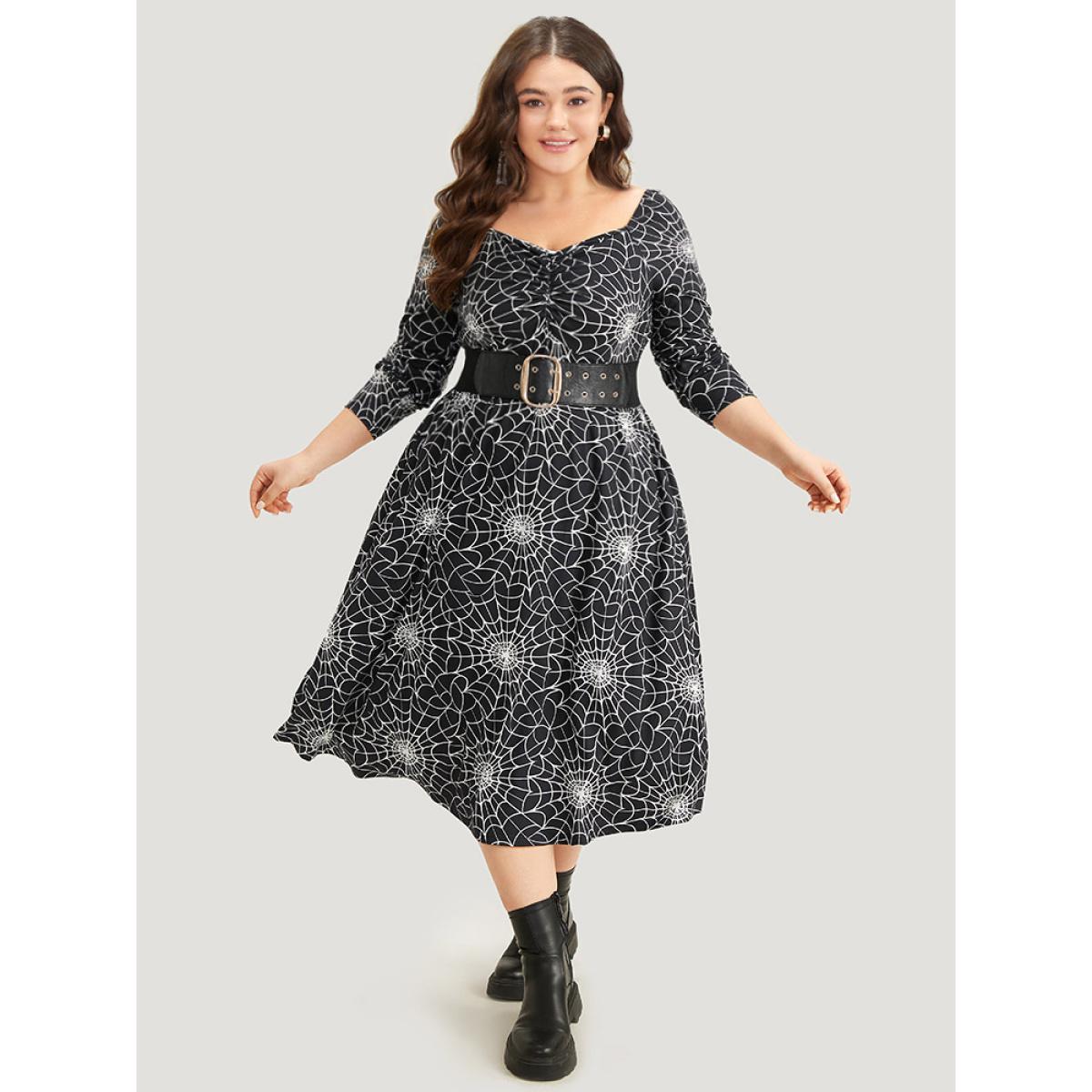 Plus Size Halloween Spider Web Pocket Square Neck Dress Black Women Casual Gathered Square Neck Long Sleeve Curvy Midi Dress BloomChic 10/M Product Image