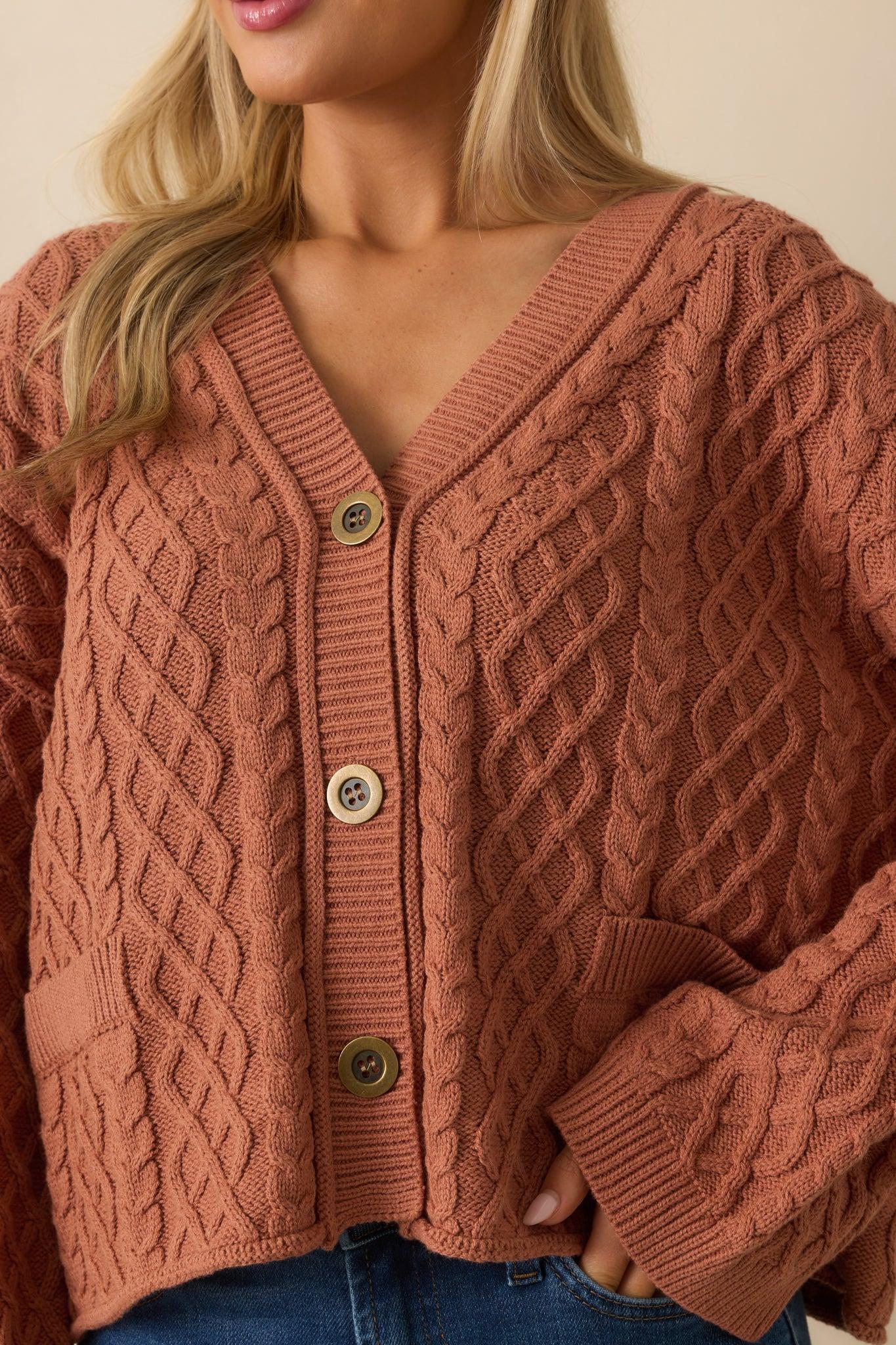 For Old Time’s Sake Terracotta Cable Knit Button Up Cardigan Product Image