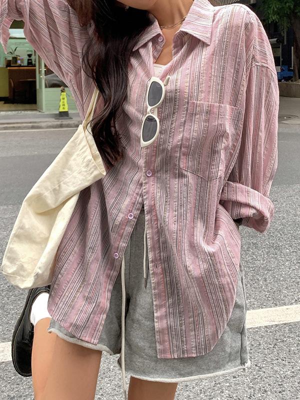 Pink Stripe Loose Thin Long Sleeve Blouse Product Image