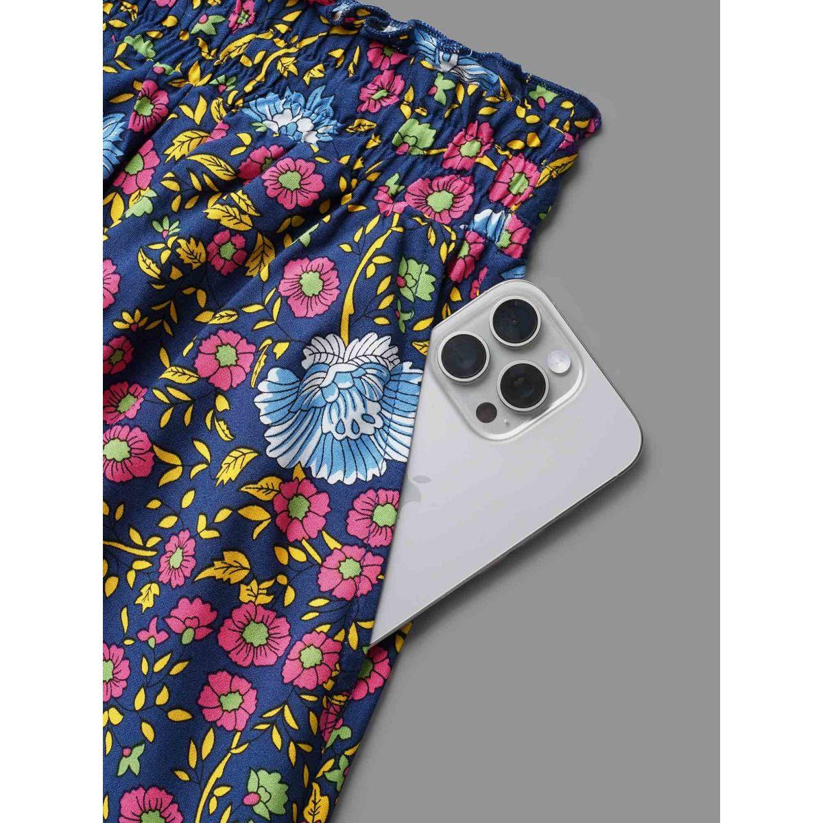 Plus Size Boho Print Stretchy Waist Flared Maxi Skirt Women Indigo Elegant Drawstring No stretch Side seam pocket Everyday Skirts BloomChic 18-20/2X Product Image