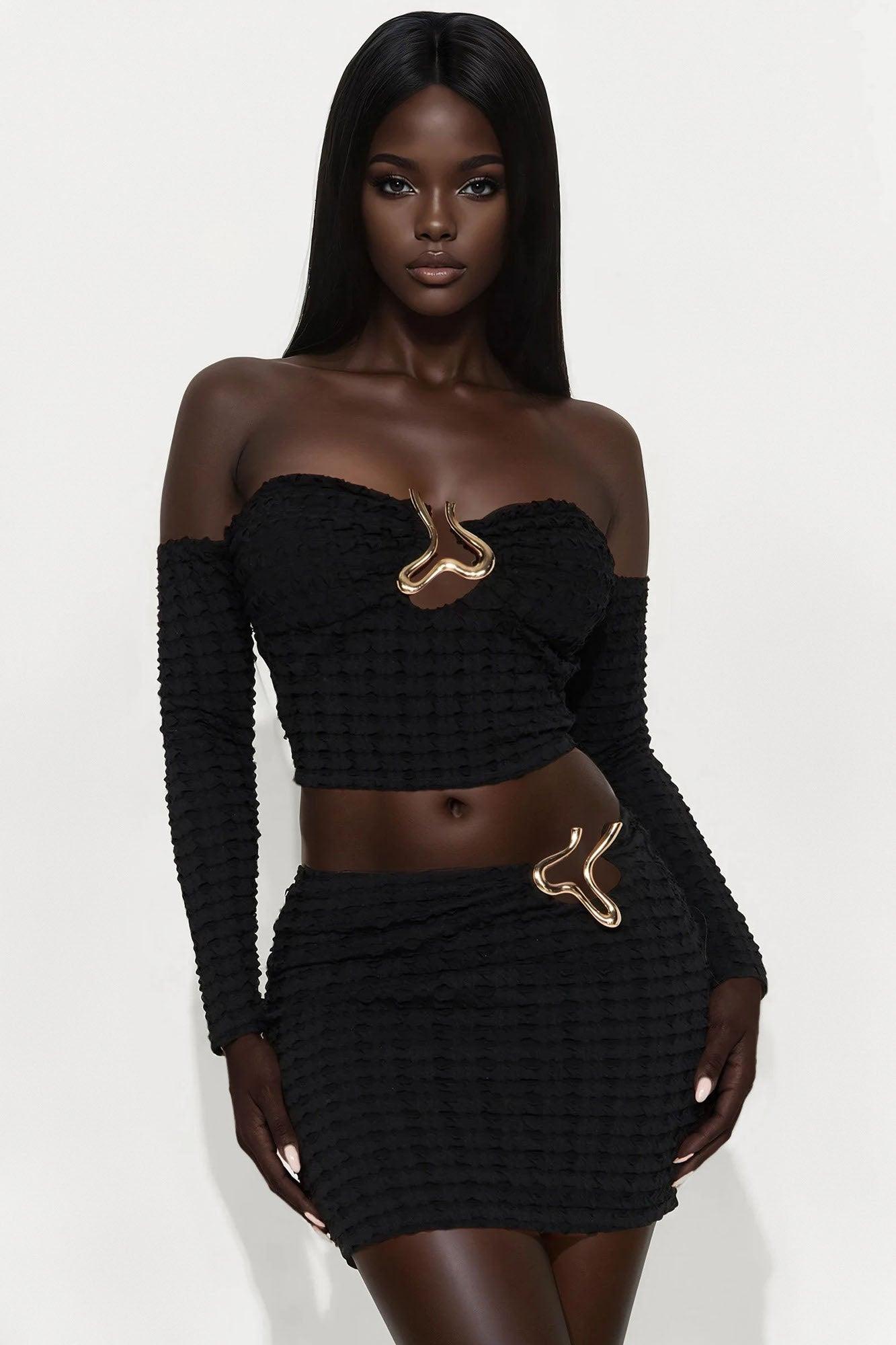 A Bit Dramatic Textured Mini Skirt Set - Black Product Image