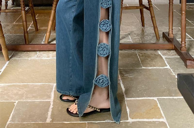High Waist Washed Flower Detail Wide Leg Jeans Product Image
