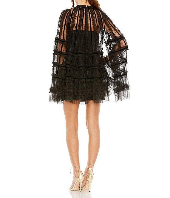 Mac Duggal Bell Sleeve High Neck Ruffled Trapeze Dress Product Image