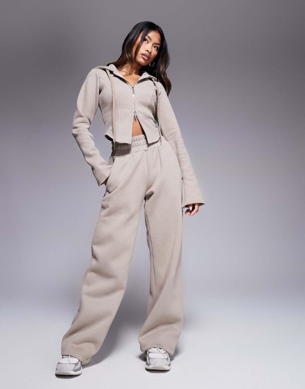 Wanderdoll Everyday heavyweight fleece back wide leg sweatpants in mocha - part of a set Product Image