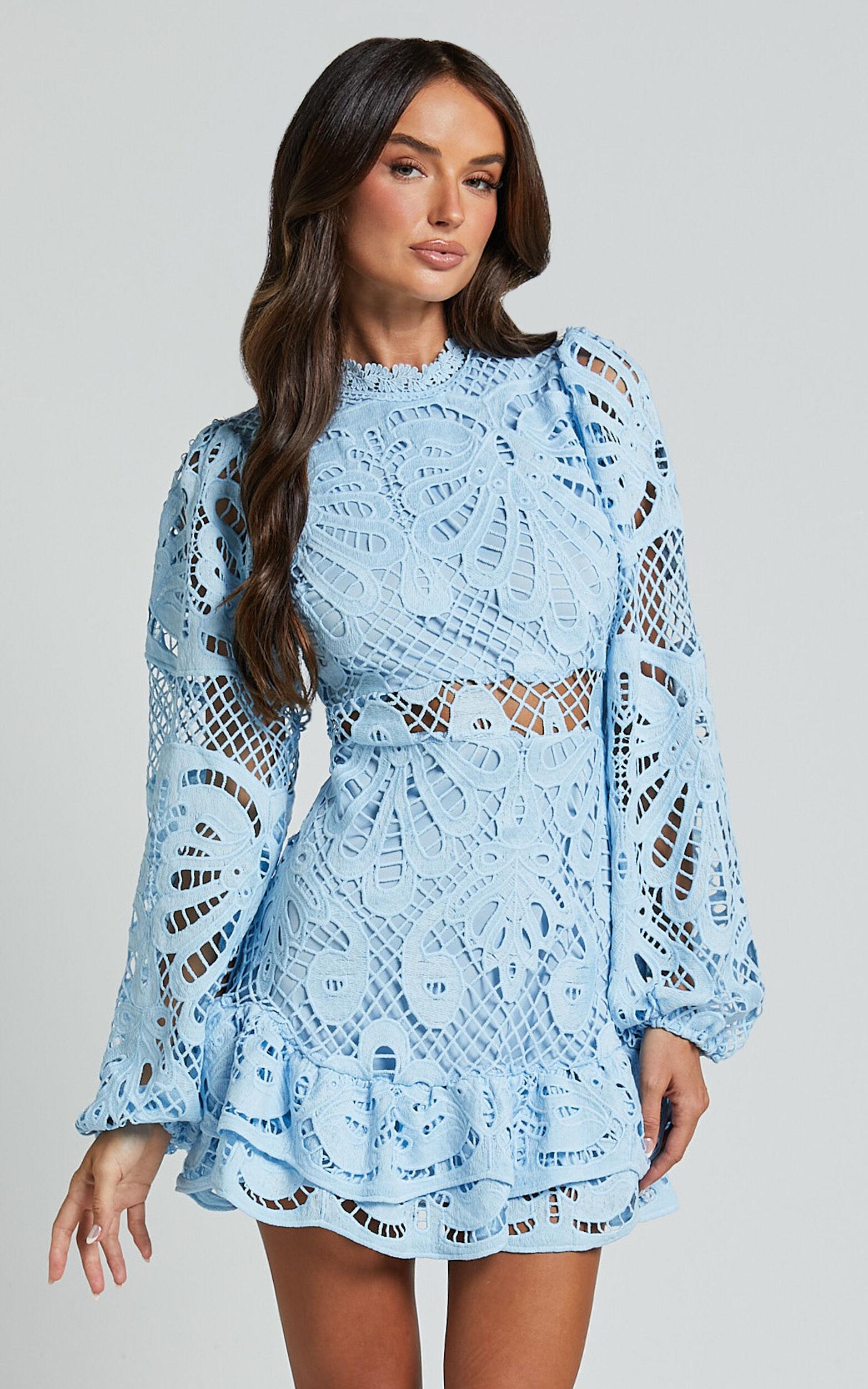 Kiss Me Now Mini Dress - Long Puff Sleeve Dress in Soft Blue Product Image
