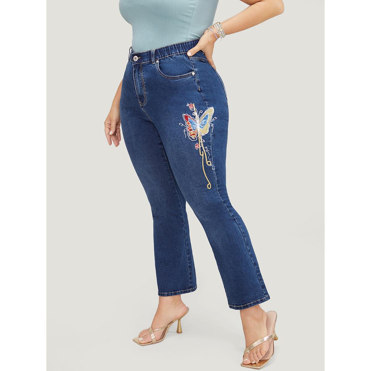 Plus Size Butterfly Embroidered Moderately Stretchy High Rise Dark Wash Bootcut Jeans Women Blue Elegant Plain Embroidered Medium stretch Pocket Jeans BloomChic 16/1X Product Image