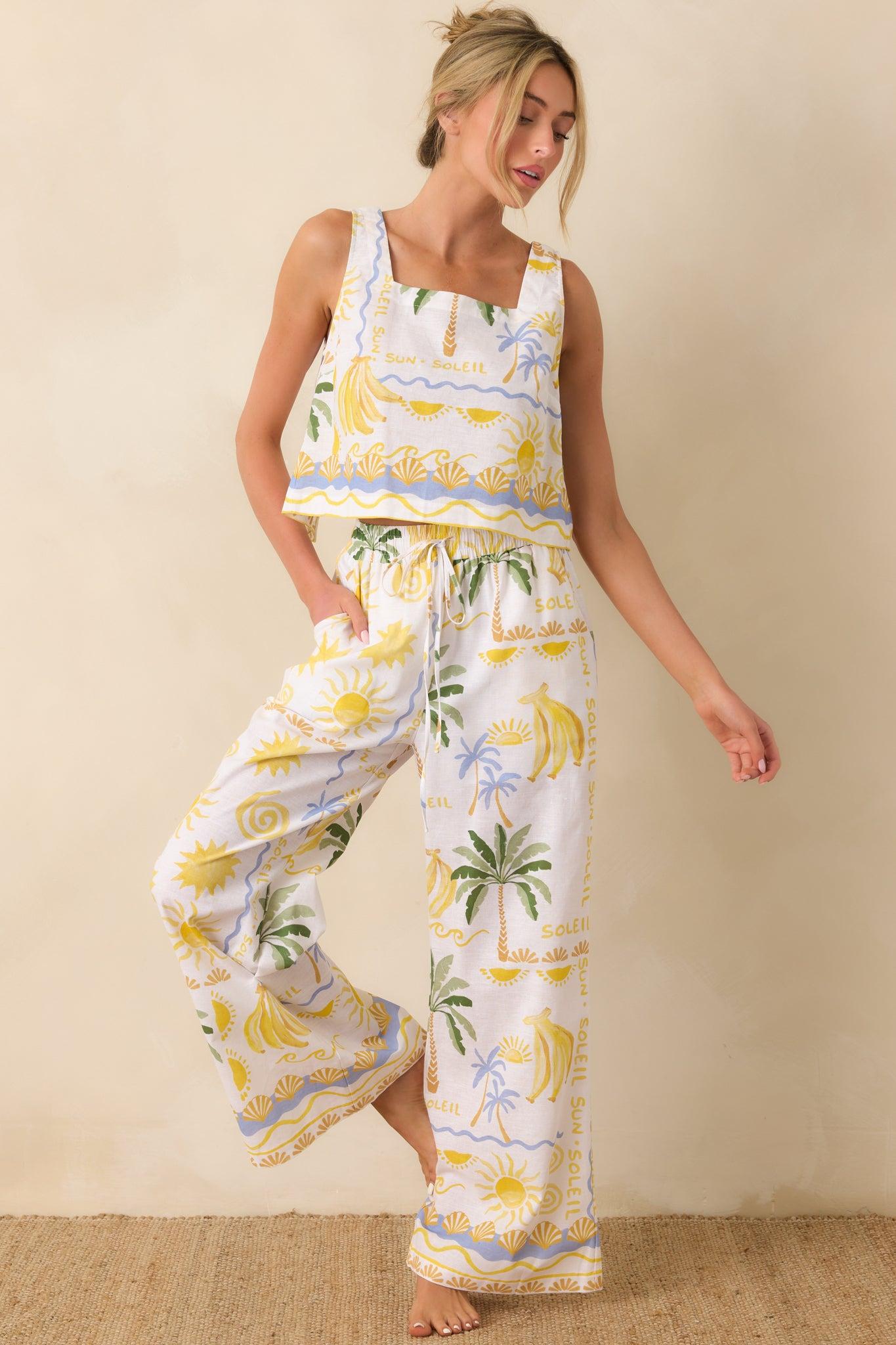 Paradisa Bahia Bay White Multi Linen Blend Tropical Print Tank Top Product Image