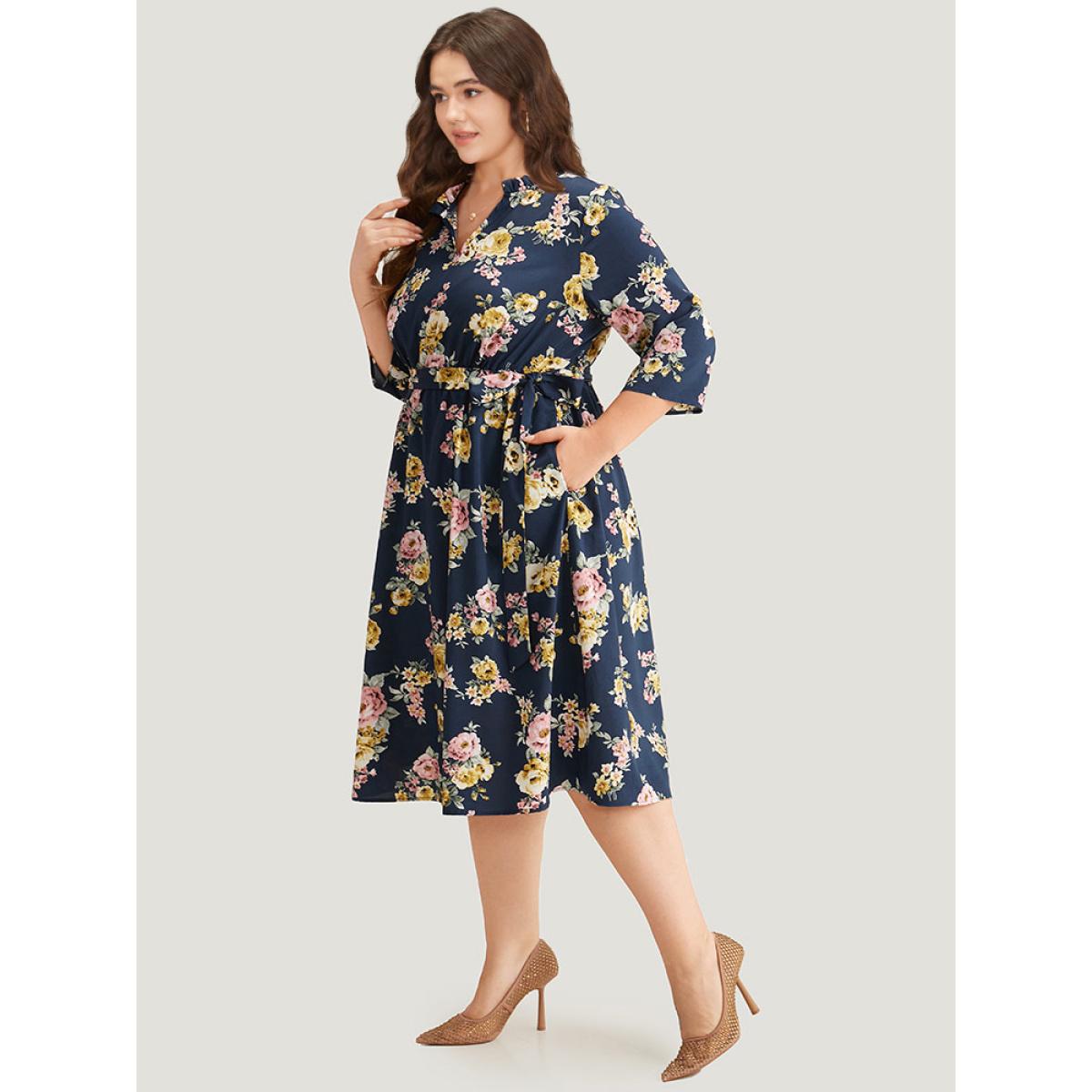 Plus Size Floral Print Frill Trim Belted Pocket Dress Navy Women Office Belted Notched collar Elbow-length sleeve Curvy Midi Dress BloomChic 22-24/3X Product Image