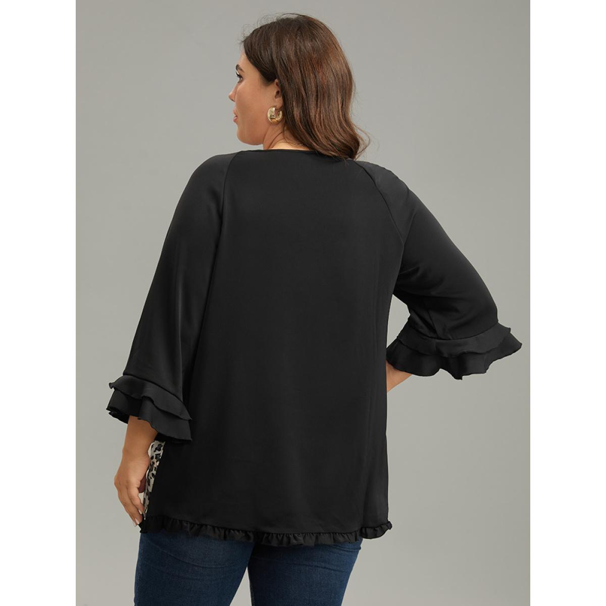 Plus Size Black Leopard Print Patchwork Frill Trim Blouse Women Elegant Elbow-length sleeve Round Neck Dailywear Blouses BloomChic 28/5X Product Image