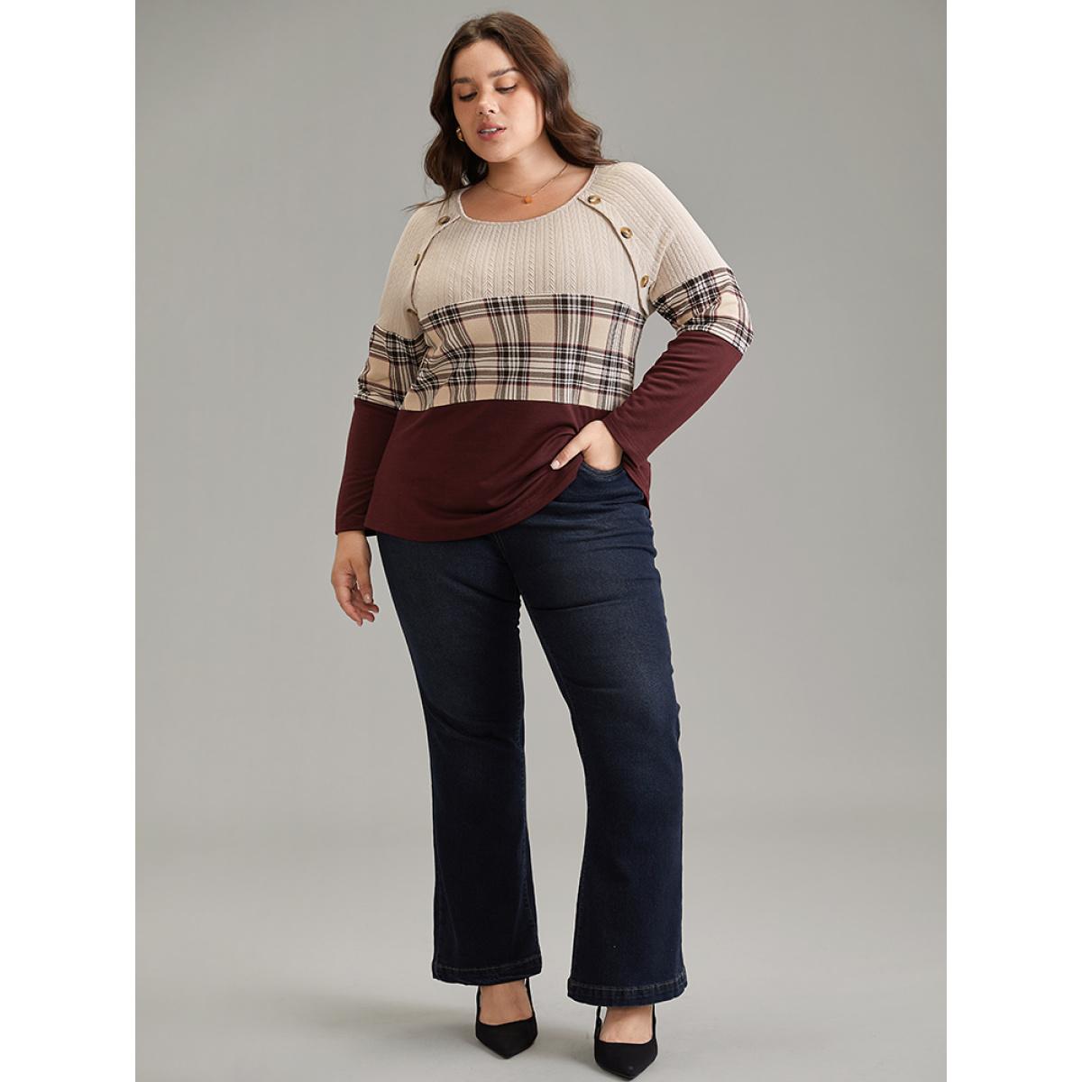 Plus Size Colorblock Contrast Button Detail Plaid Sweatshirt Women Burgundy Elegant Contrast Round Neck Dailywear Sweatshirts BloomChic 28/5X Product Image