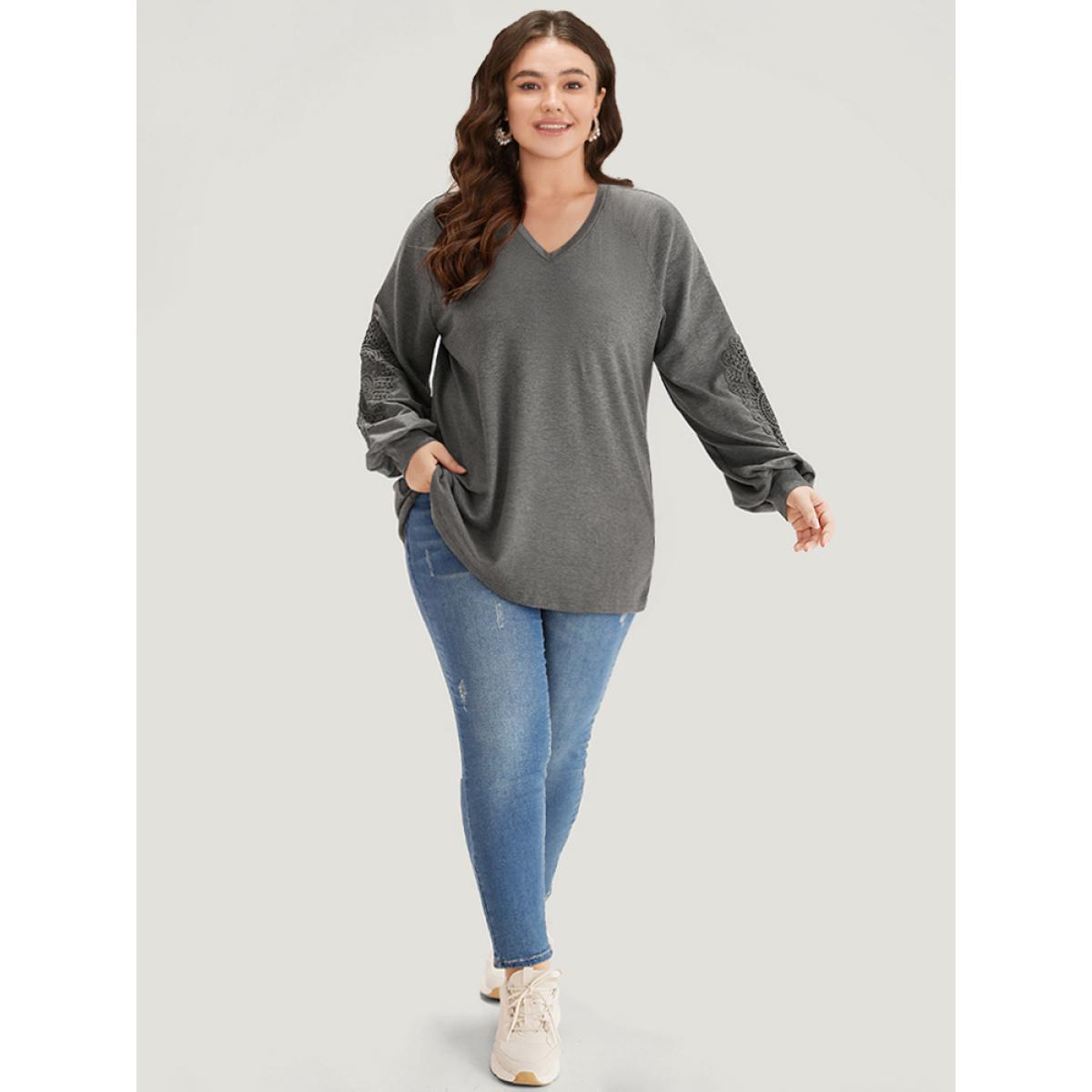 Plus Size Plain Guipure Lace V Neck Raglan Sleeve Sweatshirt Women Gray Elegant Plain V-neck Dailywear Sweatshirts BloomChic 12/L Product Image