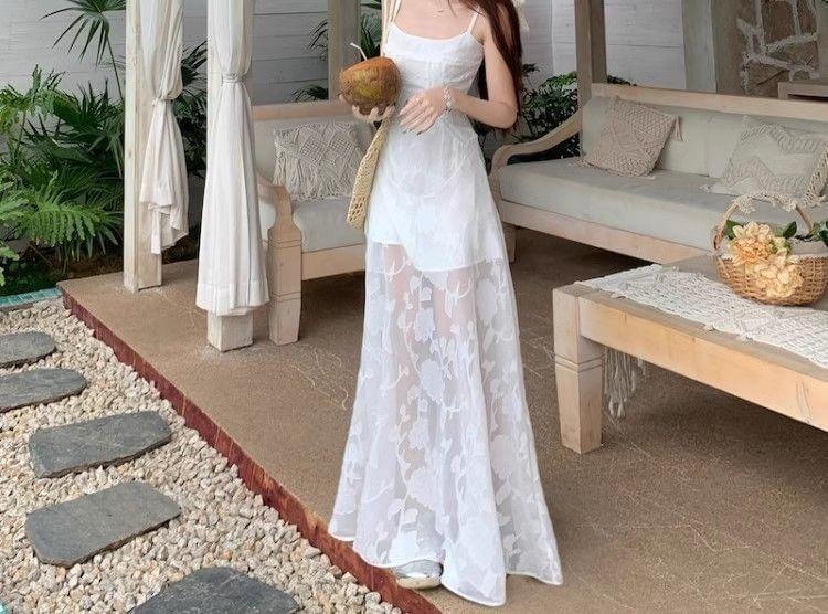 Spaghetti Strap Scoop Neck Floral Sheer Panel Maxi A-Line Dress Product Image