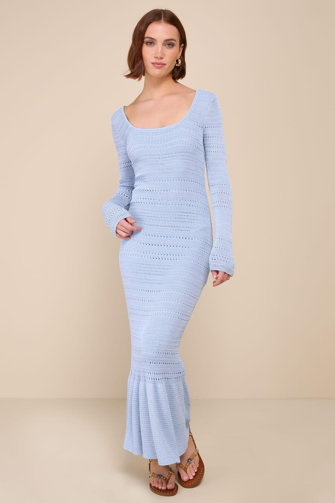 Sunset Moments Light Blue Crochet Long Sleeve Trumpet Midi Dress Product Image