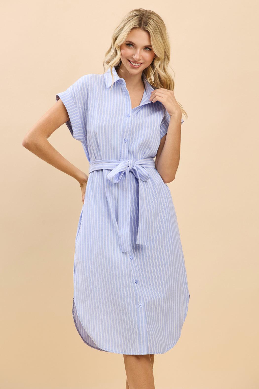 Cap Sleeve Striped Shirt Midi Dress With Waist Tie Product Image