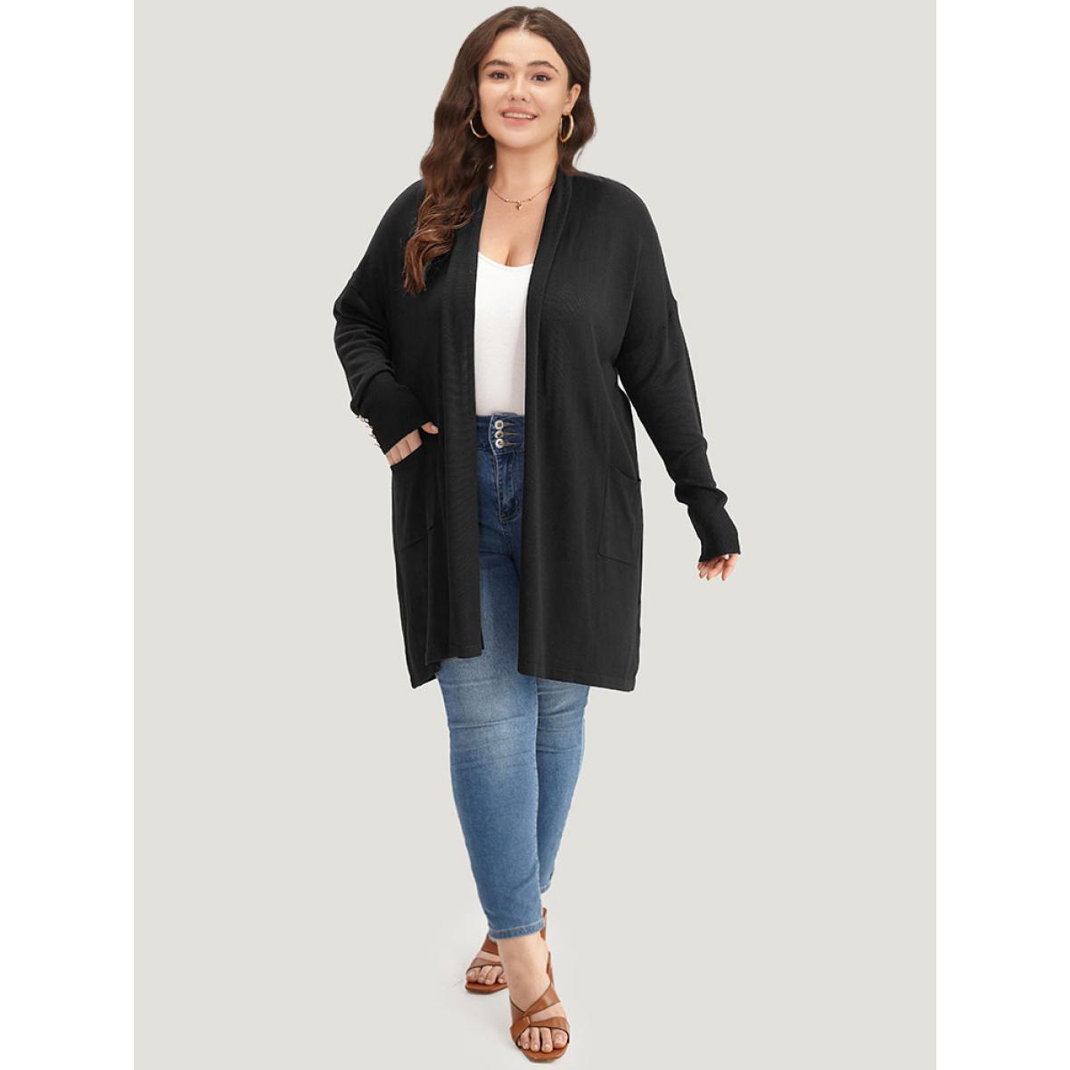 Plus Size Supersoft Essentials Button Detail Lapel Collar Cardigan Black Women Basics Loose Long Sleeve Everyday Cardigans BloomChic 30/6X Product Image
