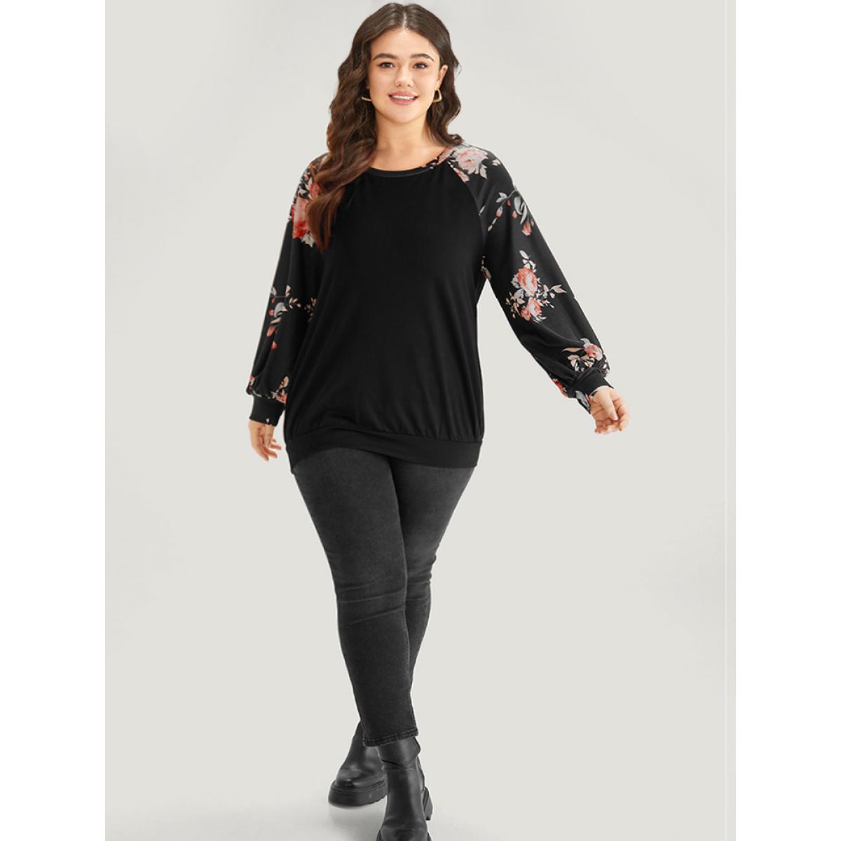 Plus Size Floral Print Raglan Sleeve Patchwork Sweatshirt Women Black Elegant Printed Round Neck Everyday Sweatshirts BloomChic 22-24/3X Product Image
