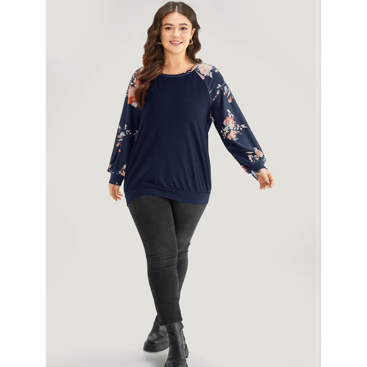 Plus Size Floral Print Raglan Sleeve Patchwork Sweatshirt Women DarkBlue Elegant Printed Round Neck Everyday Sweatshirts BloomChic 10/M Product Image