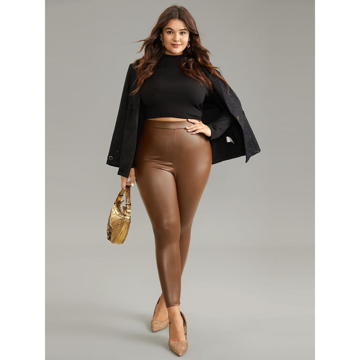 Plus Size PU Leather Elastic Waist Leggings Women DarkBrown Glamour Medium stretch Skinny High Rise Going out Leggings BloomChic 12/L Product Image
