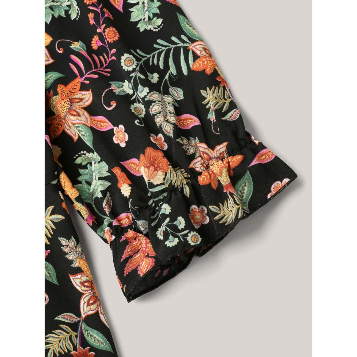 Plus Size Black Floral Print Knotted Neckline Flared Shirt Women Resort Elbow-length sleeve V-neck Vacation Blouses BloomChic 18-20/2X Product Image