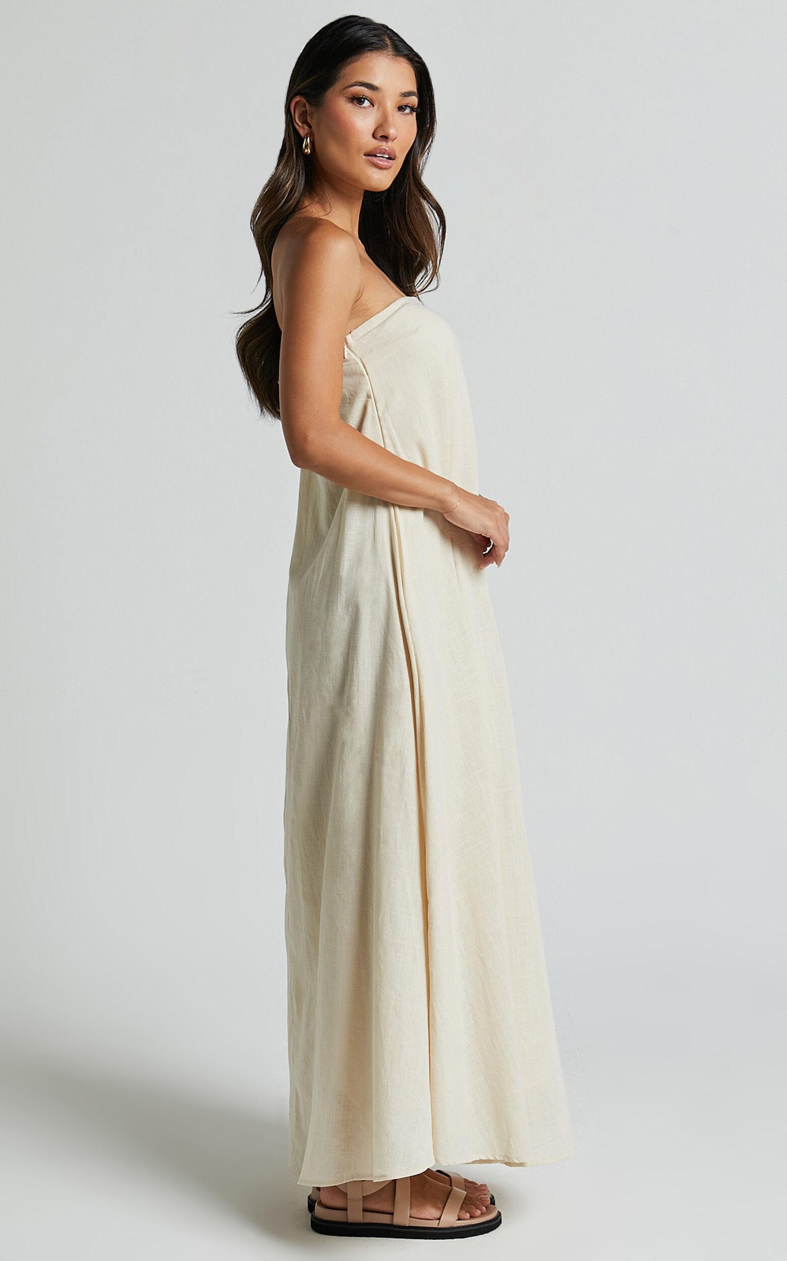 Adessa Maxi Linen Blend Dress - Strapless A Line Dress in Beige Product Image
