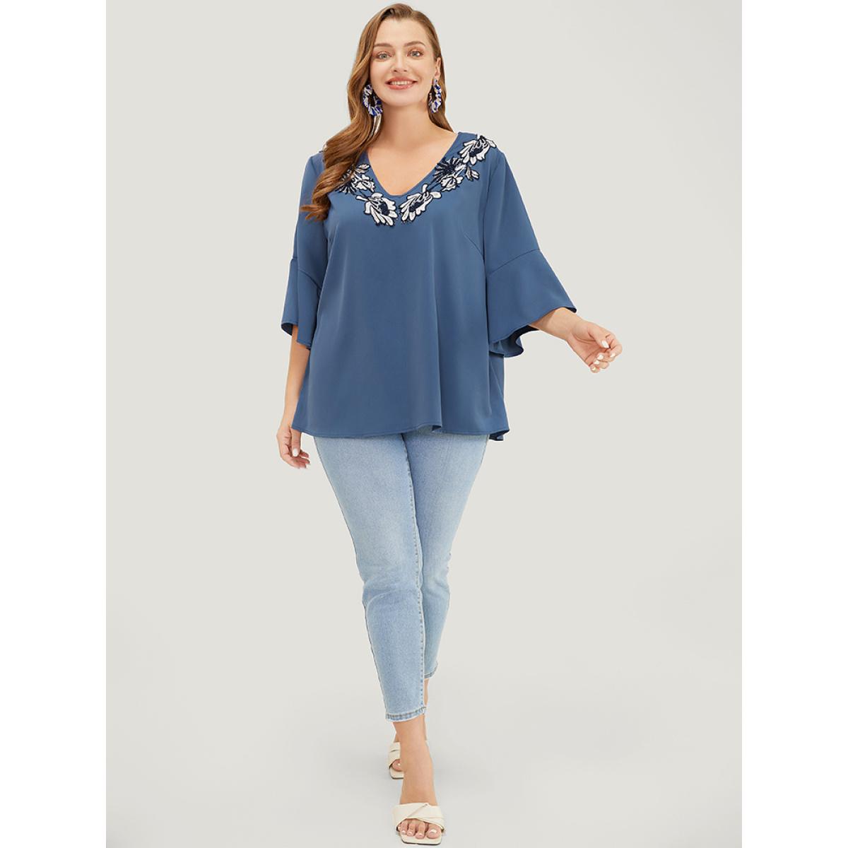 Plus Size Stone Floral Applique Bell Sleeve Blouse Women Elegant Elbow-length sleeve V-neck Dailywear Blouses BloomChic 26/4X Product Image