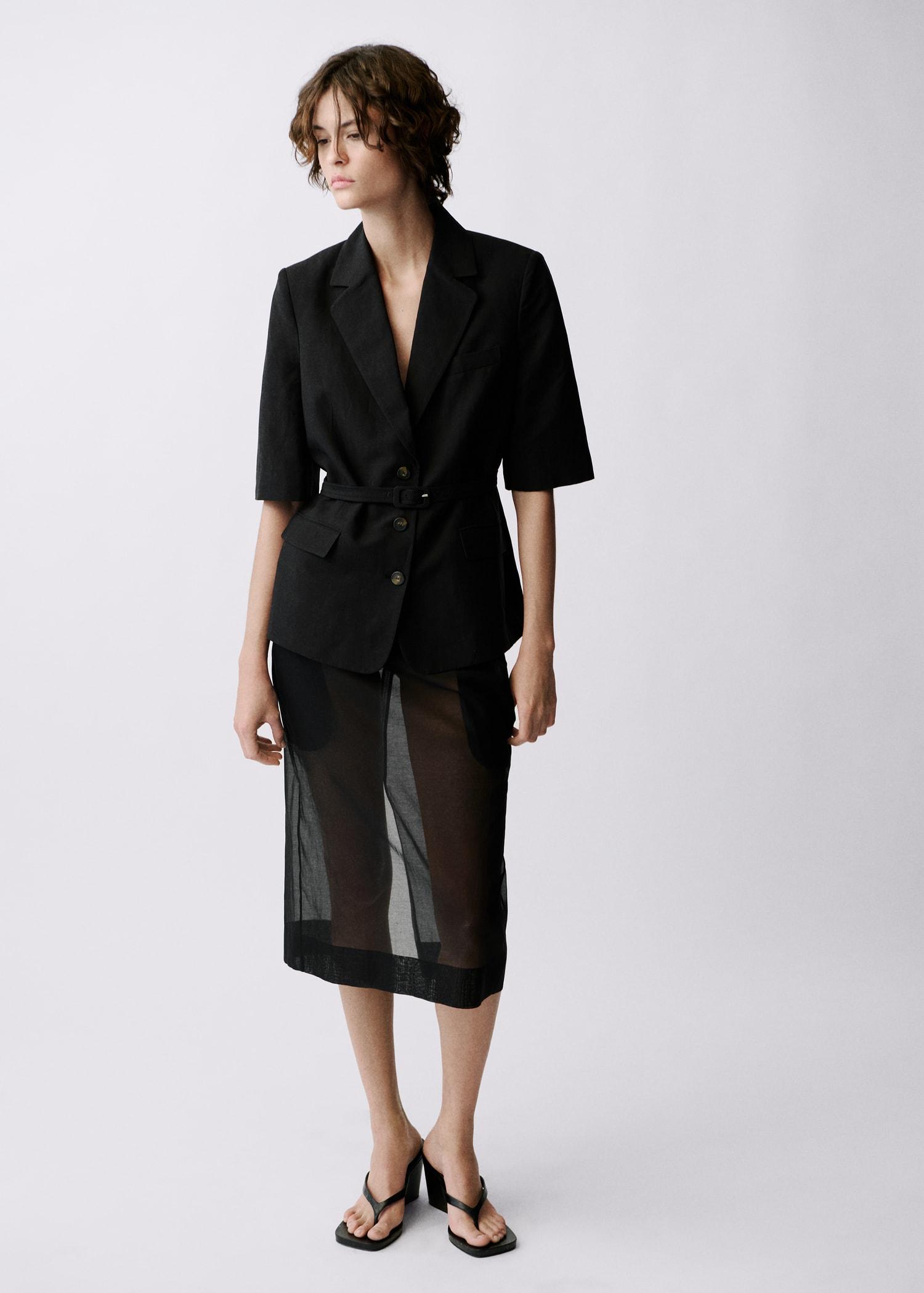Linen-blend suit blazer with belt - Women | MANGO USA Product Image