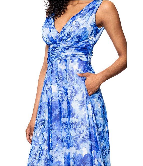 Betsy & Adam Chiffon Floral Print V-Neck Sleeveless A-Line Gown Product Image
