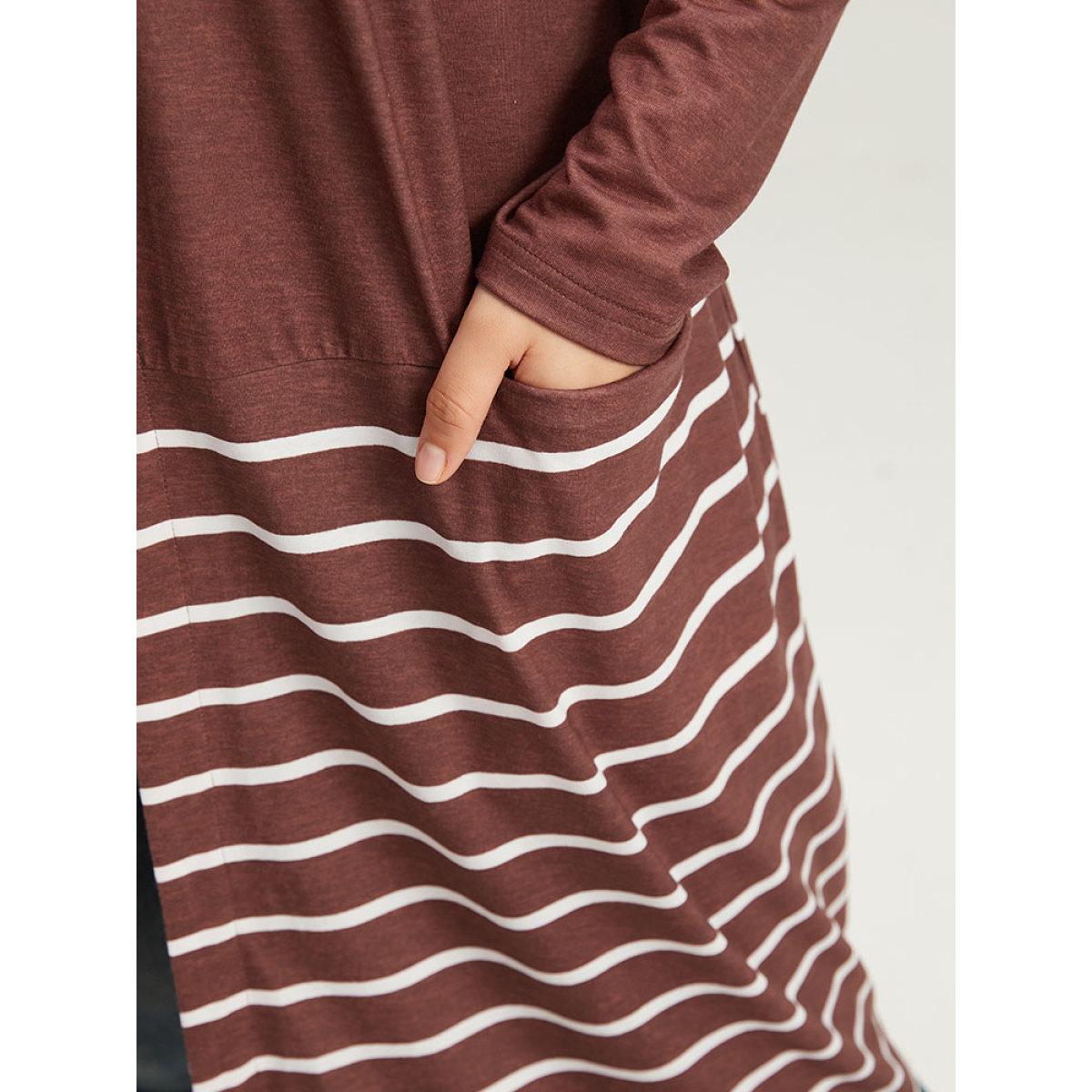 Plus Size Striped Contrast Pocket Open Front Kimono Women DarkBrown Casual Contrast Pocket Dailywear Kimonos BloomChic 18-20/2X Product Image