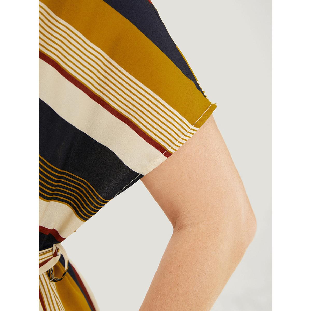 Plus Size Striped Patchwork Belted Ruffles Pocket Dolman Sleeve Dress Multicolor Women Vacation Contrast Round Neck Short sleeve Curvy Knee Dress BloomChic 28/5X Product Image