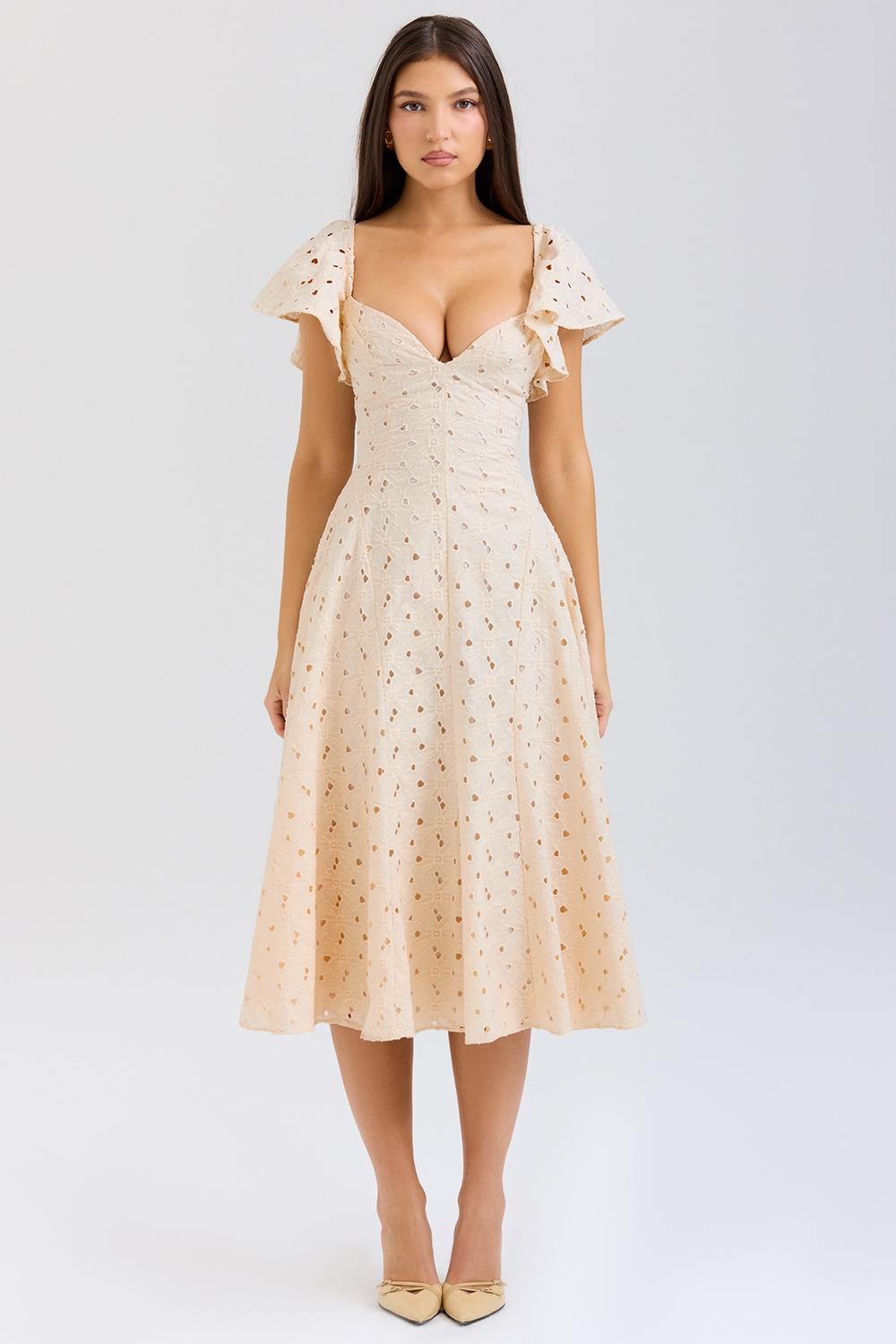 Amaya  cream tea broderie anglais midi dress Product Image