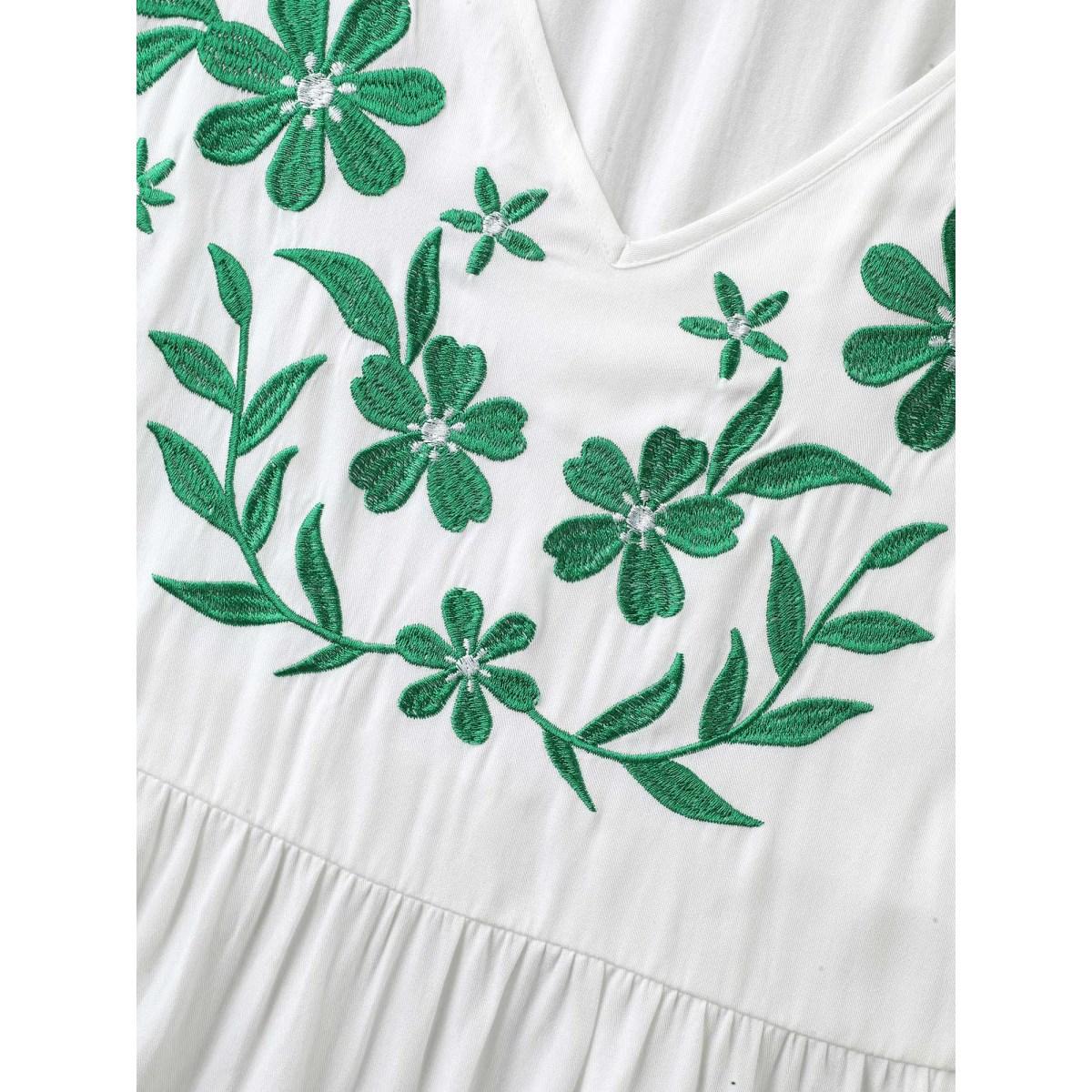 Plus Size WhiteSmoke Floral Embroidery Flared Flowy Blouse Women Short sleeve V-neck Elegant Blouses BloomChic 22-24/3X Product Image