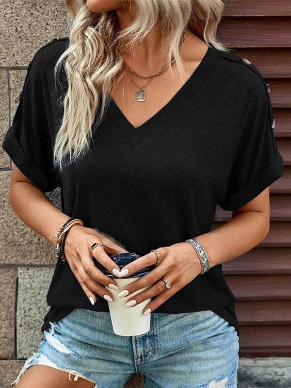 Loose Short Sleeves Buttoned Solid Color V-Neck T-Shirts Tops Product Image