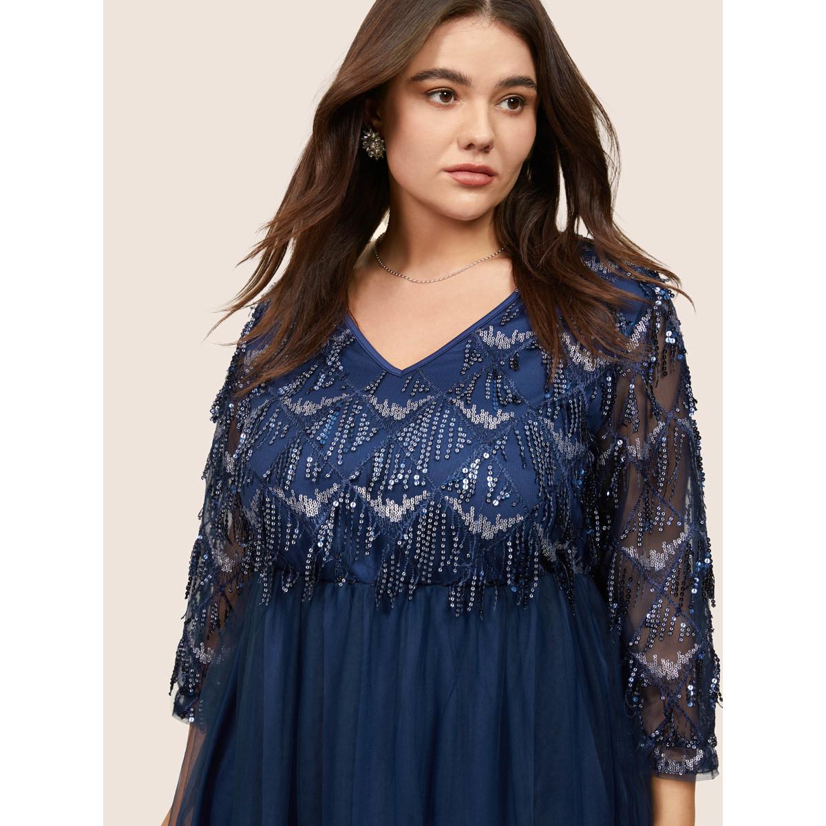 Plus Size Sequin Tassels Plisse Patchwork Mesh Knee Dress DarkBlue Women Cocktail Sequin V-neck Elbow-length sleeve Curvy Midi Dress BloomChic 12/L Product Image