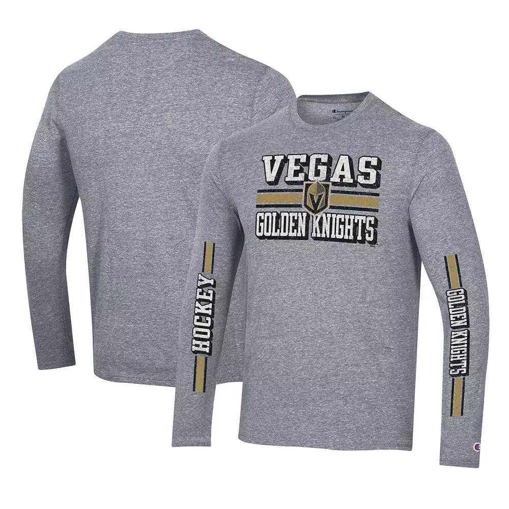 Men's Champion Heather Gray Vegas Golden Knights Tri-Blend Dual-Stripe Long Sleeve T-Shirt,  Product Image
