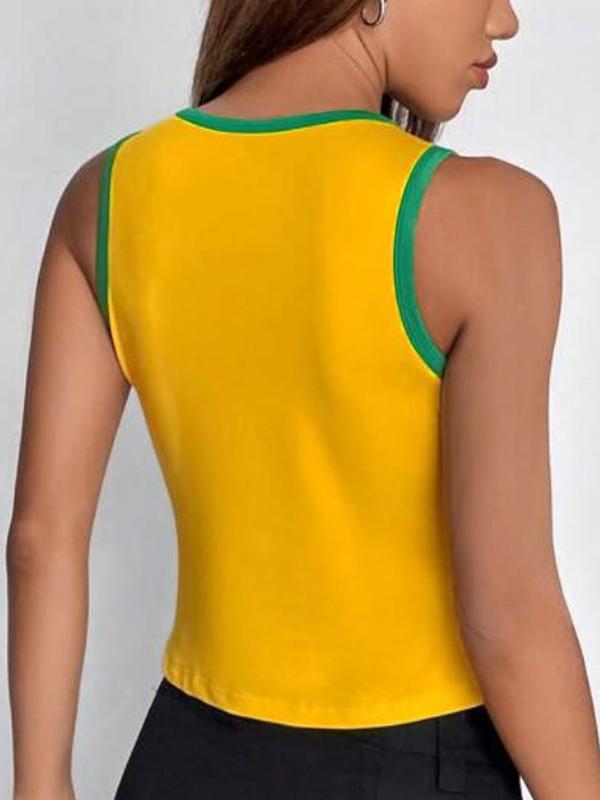 Crewneck Letter Print Yellow Tank Top Product Image