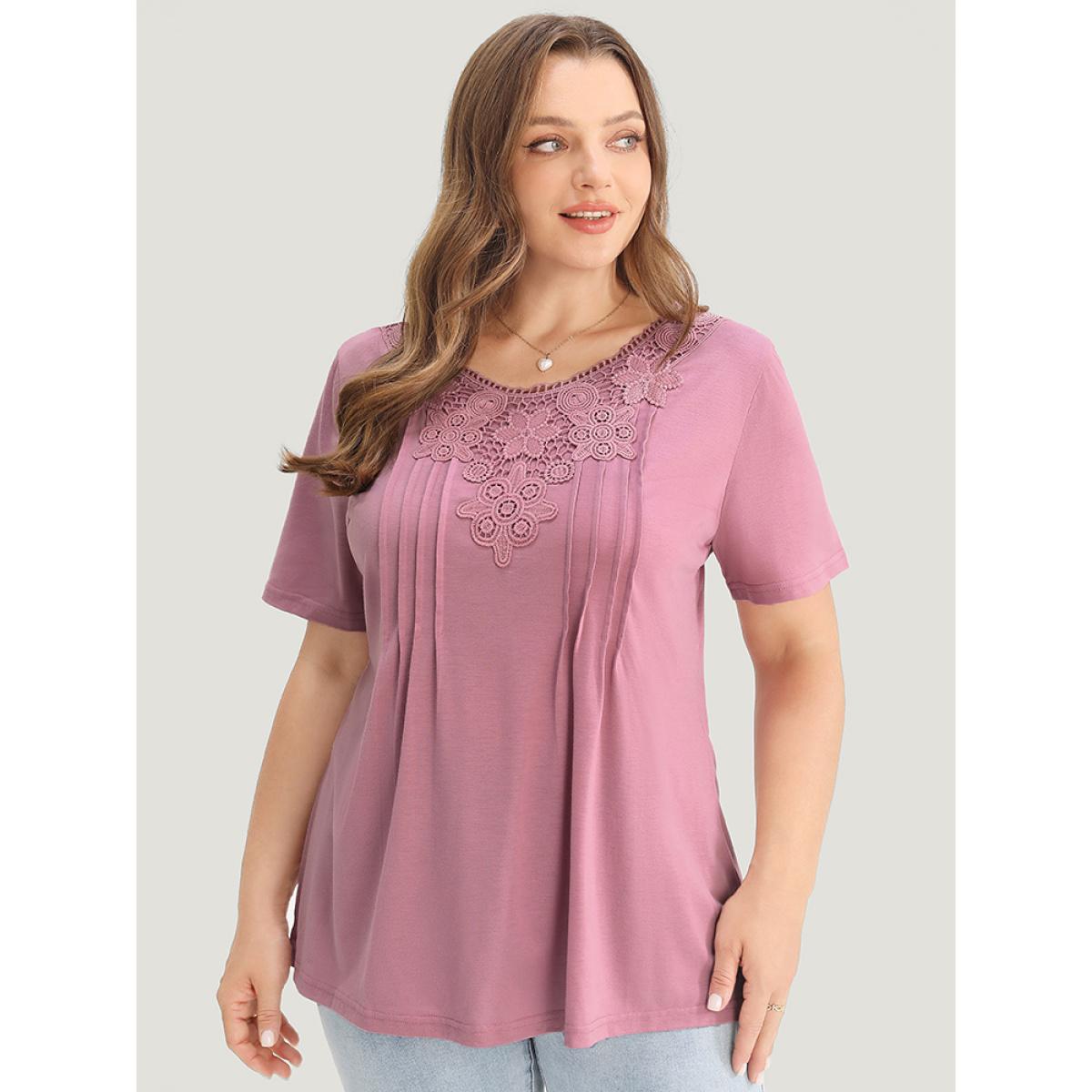 Plus Size Solid Floral Patchwork Pleated Front T-shirt Lilac Women Elegant Plain Round Neck Dailywear T-shirts BloomChic 26/4X Product Image