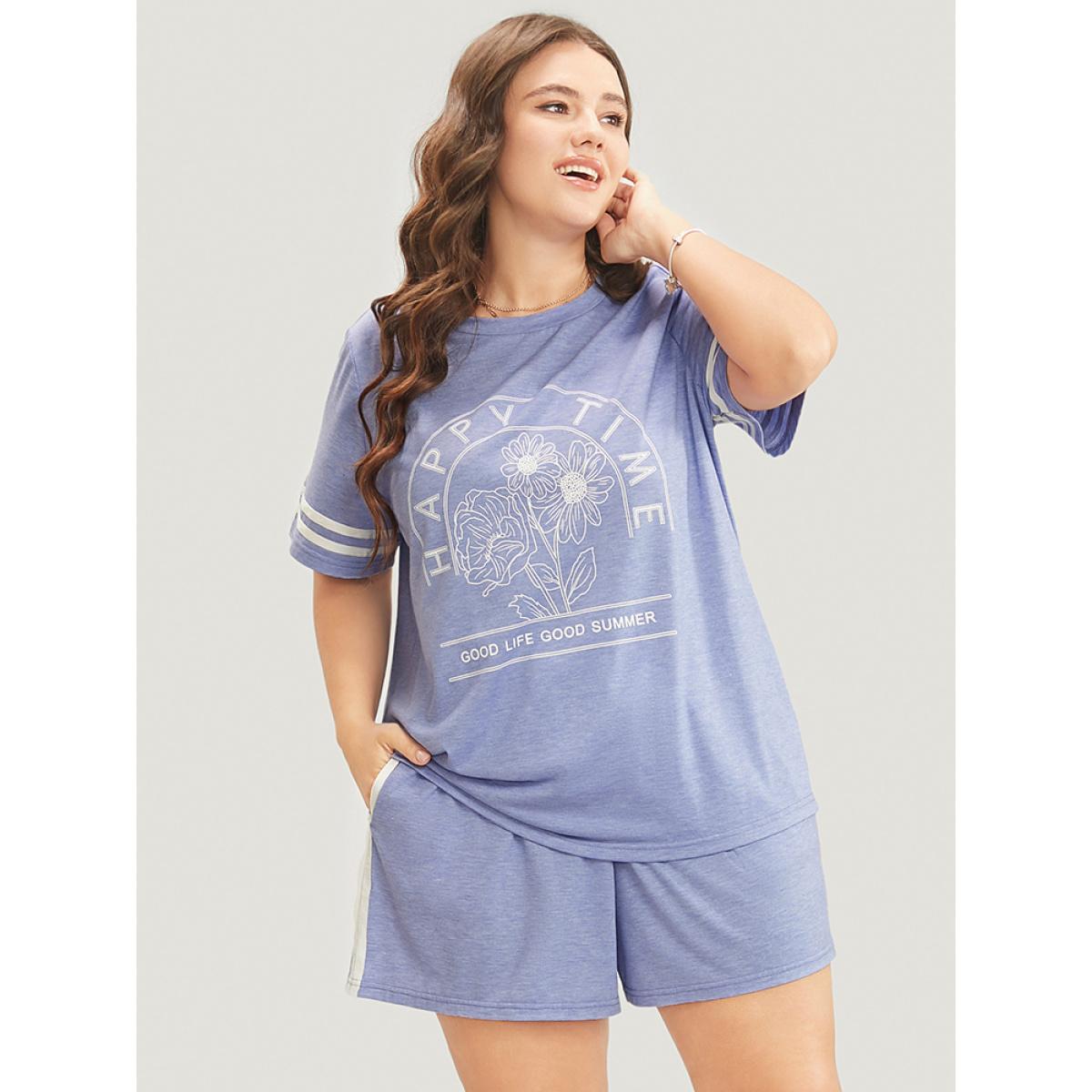 Plus Size Floral & Letter Print Contrast Round Neck Sleep Top Women LightBlue Casual Floral Contrast Round Neck Loungewear BloomChic 28/5X Product Image