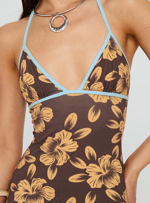 Mishie Halter Mini Dress Brown / Blue Floral Product Image