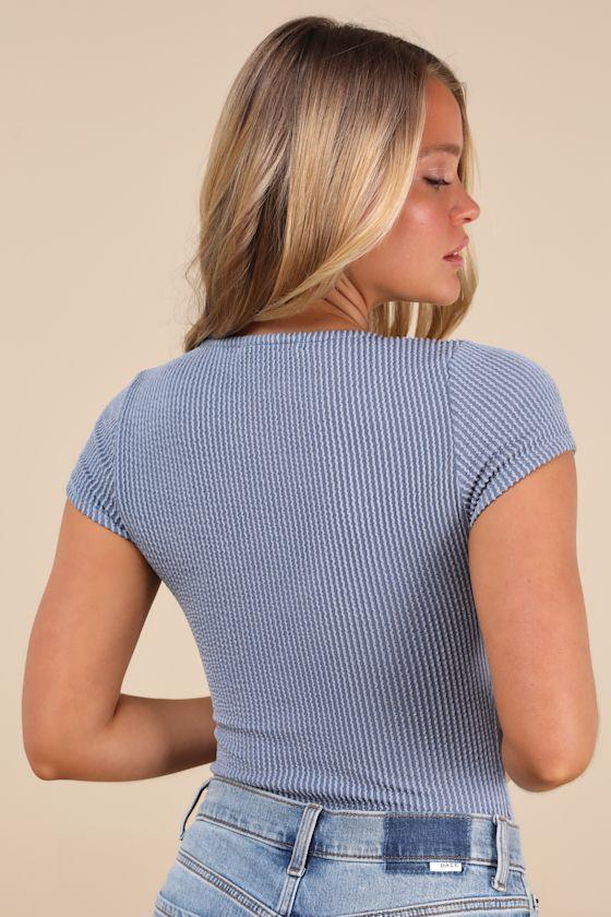 Required Style Dusty Blue Textured Ribbed Ruched Bodysuit Product Image