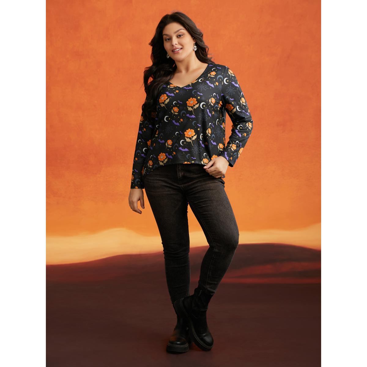 Plus Size Floral Knit V-Neck Halloween T-shirt Black Women Casual Non Halloween V-neck Everyday T-shirts BloomChic 22-24/3X Product Image