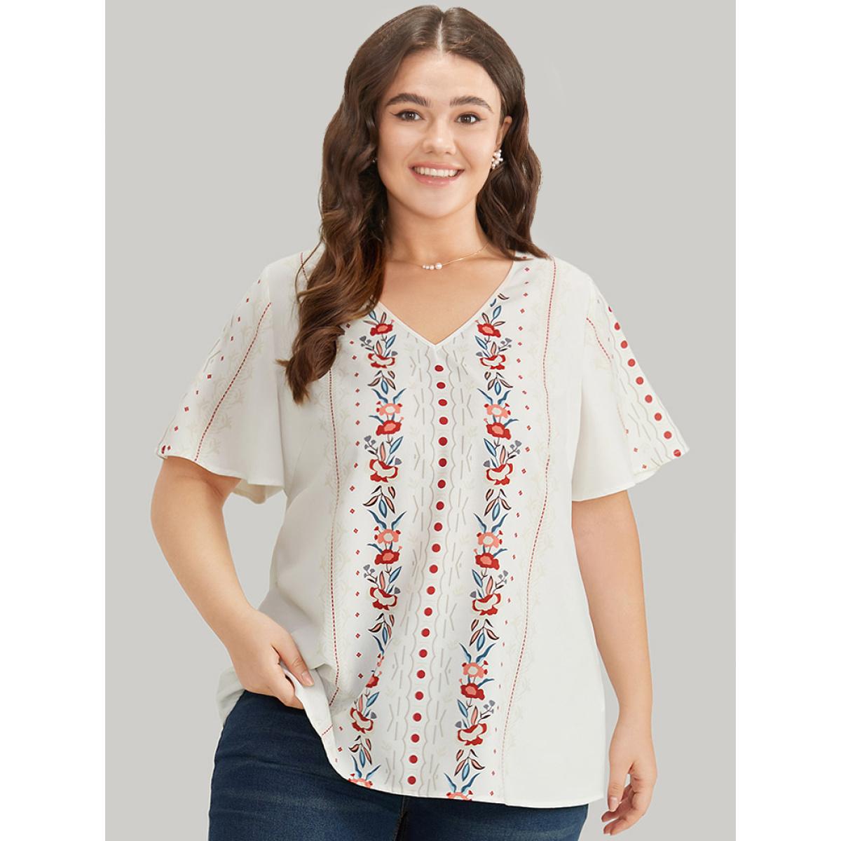 Plus Size White Bandana Print V Neck Flutter Sleeve Blouse Women Vacation Short sleeve V-neck Dailywear Blouses BloomChic 18-20/2X Product Image