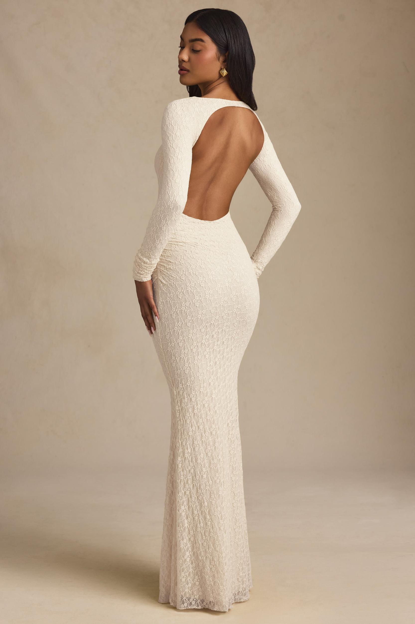 Ruched Backless Lace Maxi Dress in Ivory Product Image