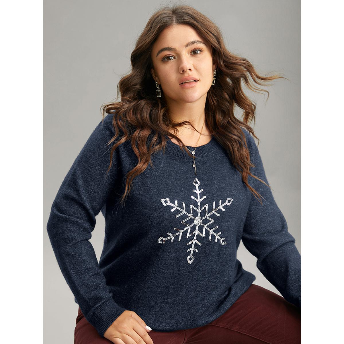 Plus Size Anti-Pilling Sequin Snowflake Round Neck Pullover Indigo Women Casual Loose Long Sleeve Round Neck Festival-Christmas Pullovers BloomChic 30/6X Product Image