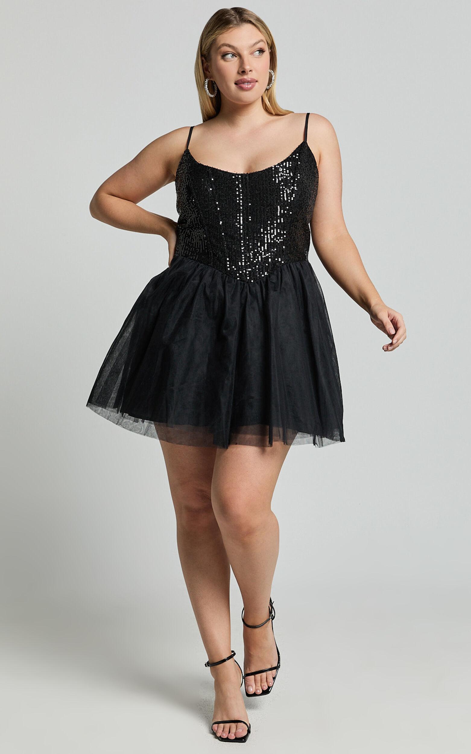 Violette Mini Dress - Sequin Corset Tulle Skirt Dress in Black Product Image