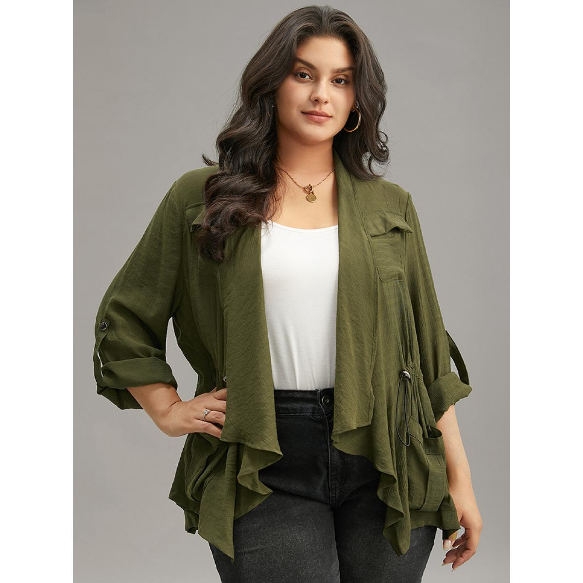 Plus Size Supersoft Essentials Plain Pocket Asymmetrical Drawstring Coat Women ArmyGreen Plain Pocket Dailywear Jackets BloomChic 26/4X Product Image