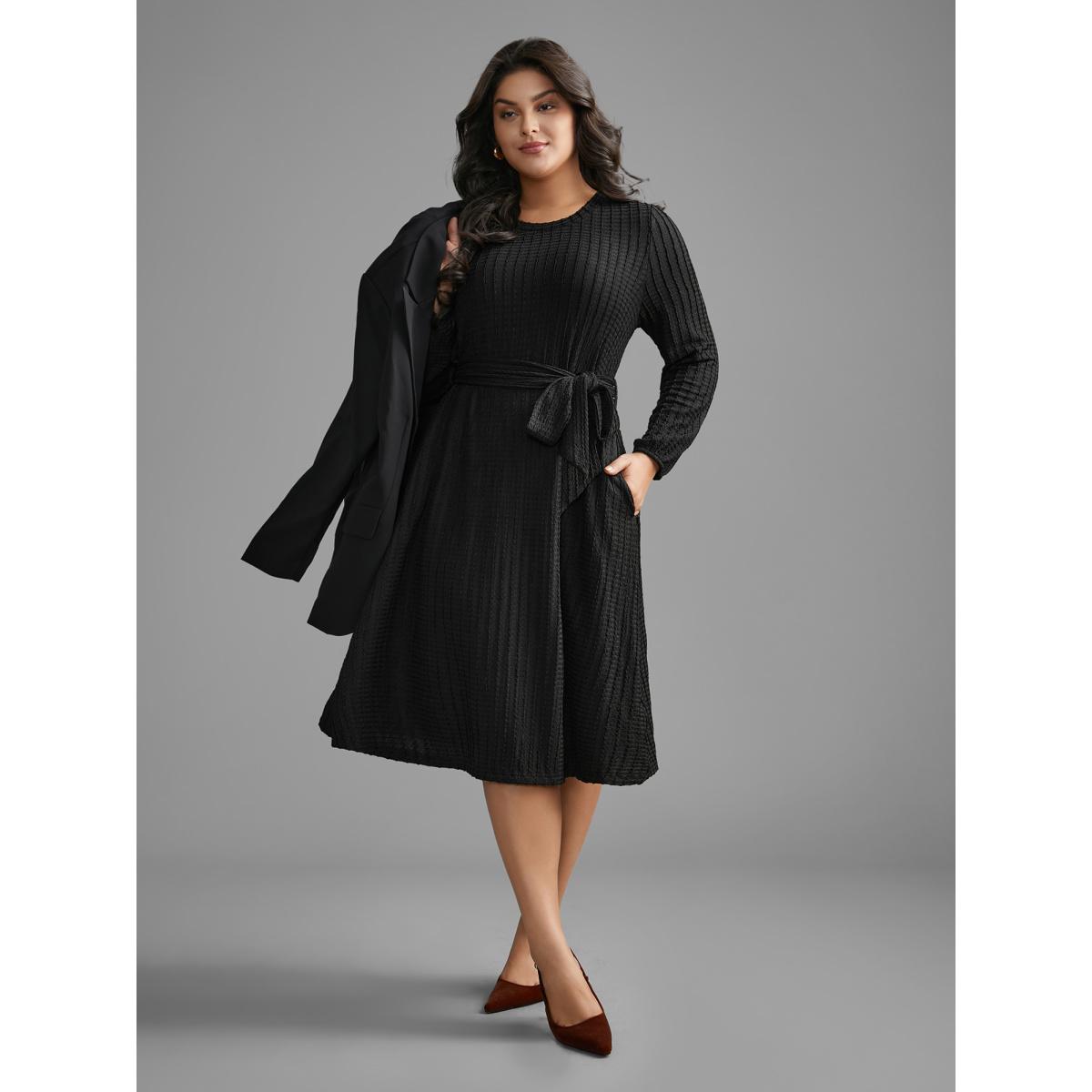 Plus Size Plain Textured Belted Knit Dress Black Women Casual Texture Knit Dresses Bloomchic 10/M Product Image