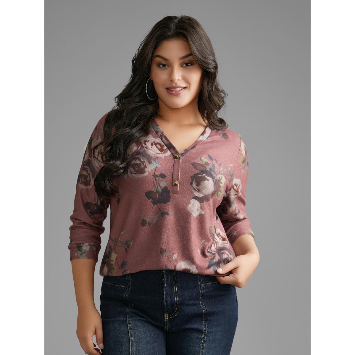 Plus Size V Neck Floral Print Button Up T-shirt DustyPink Women Casual Button Natural Flowers V-neck Everyday T-shirts BloomChic 14-16/1X Product Image