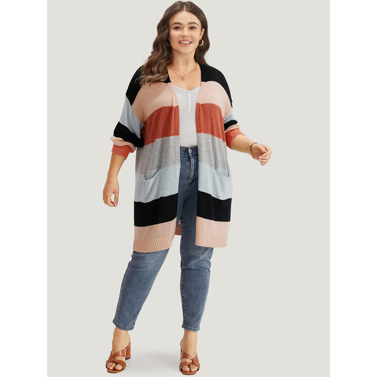 Plus Size Supersoft Essentials Colorblock Patched Pocket Tunic Cardigan Multicolor Women Casual Loose Long Sleeve Dailywear Cardigans BloomChic 12/L Product Image