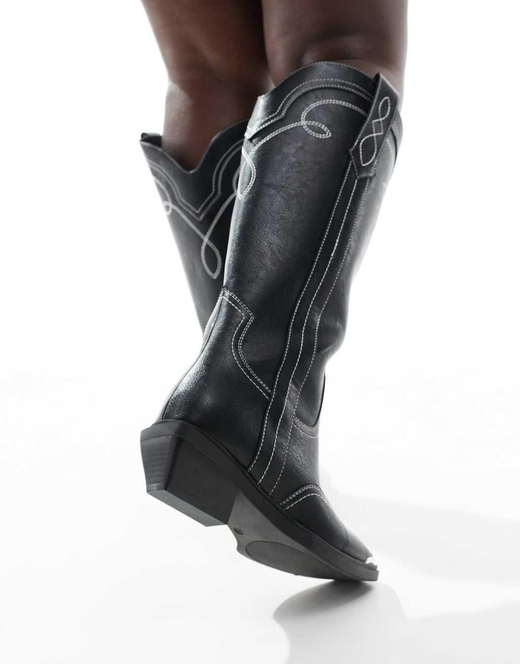 ASOS DESIGN Curve Celeste flat western knee boots in black with stitching Product Image