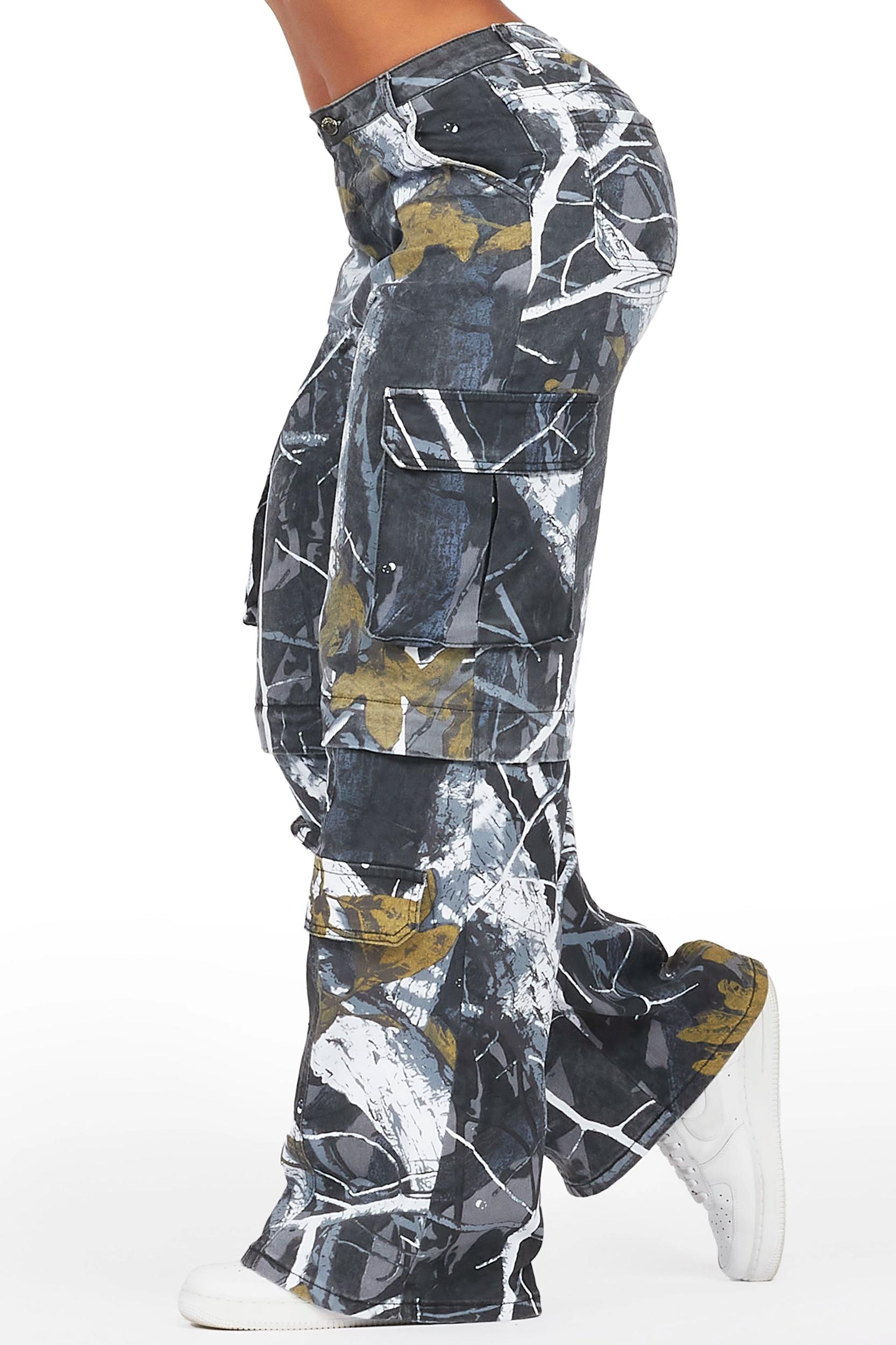 Precious Black Tree Camo Baggy Stacked Jean Female Product Image